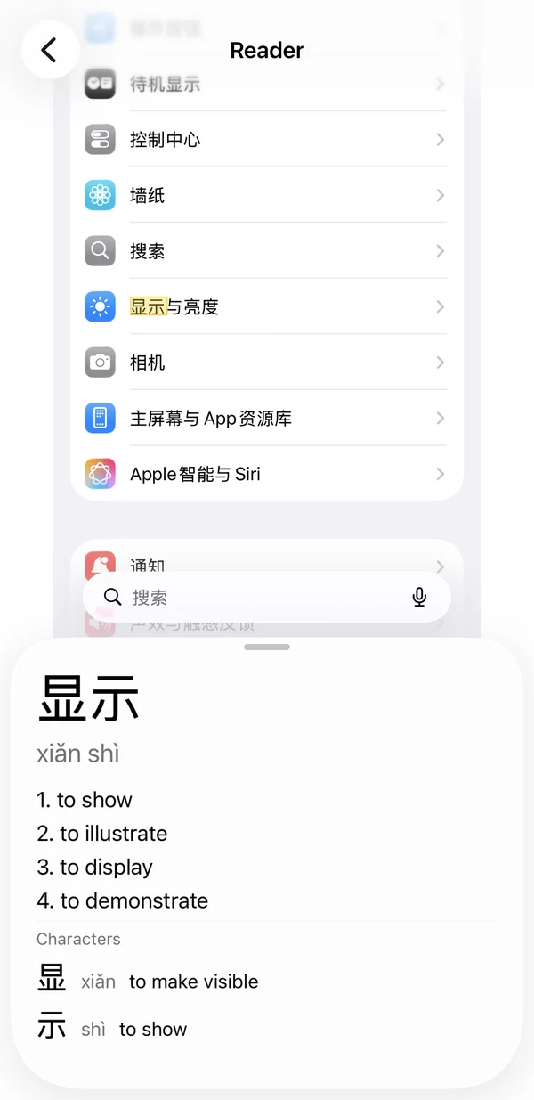 iPhone Settings in Chinese. The word 显示 is looked up as xiǎn shì, to show.